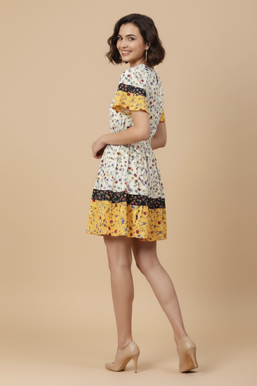 Snuggle Spot Women's Polyester Floral Flutter Above Knee Dress (Multicolor)