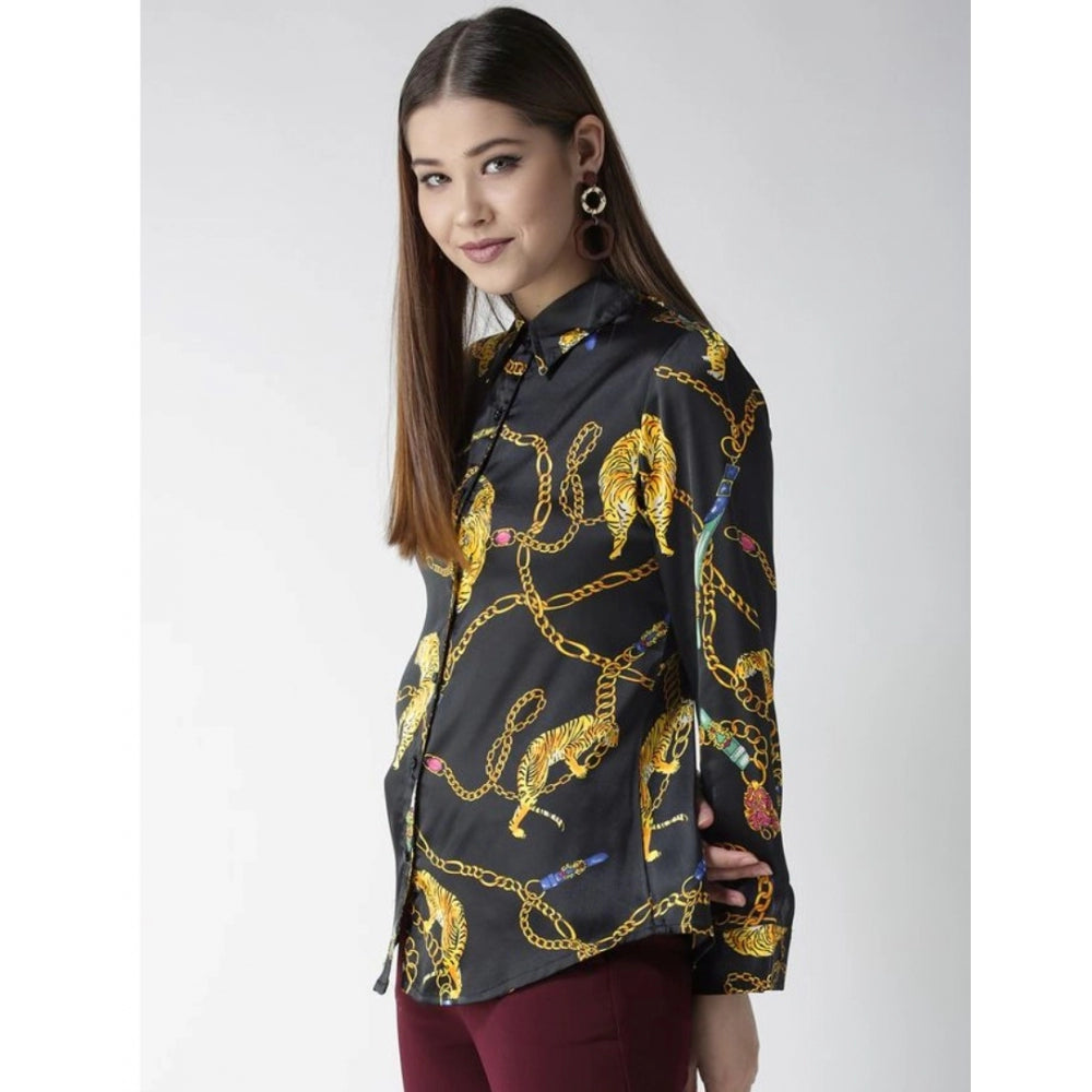 Snuggle Spot Women's Satin Printed Long Sleeves Standard Length Shirt (Black - Gold)