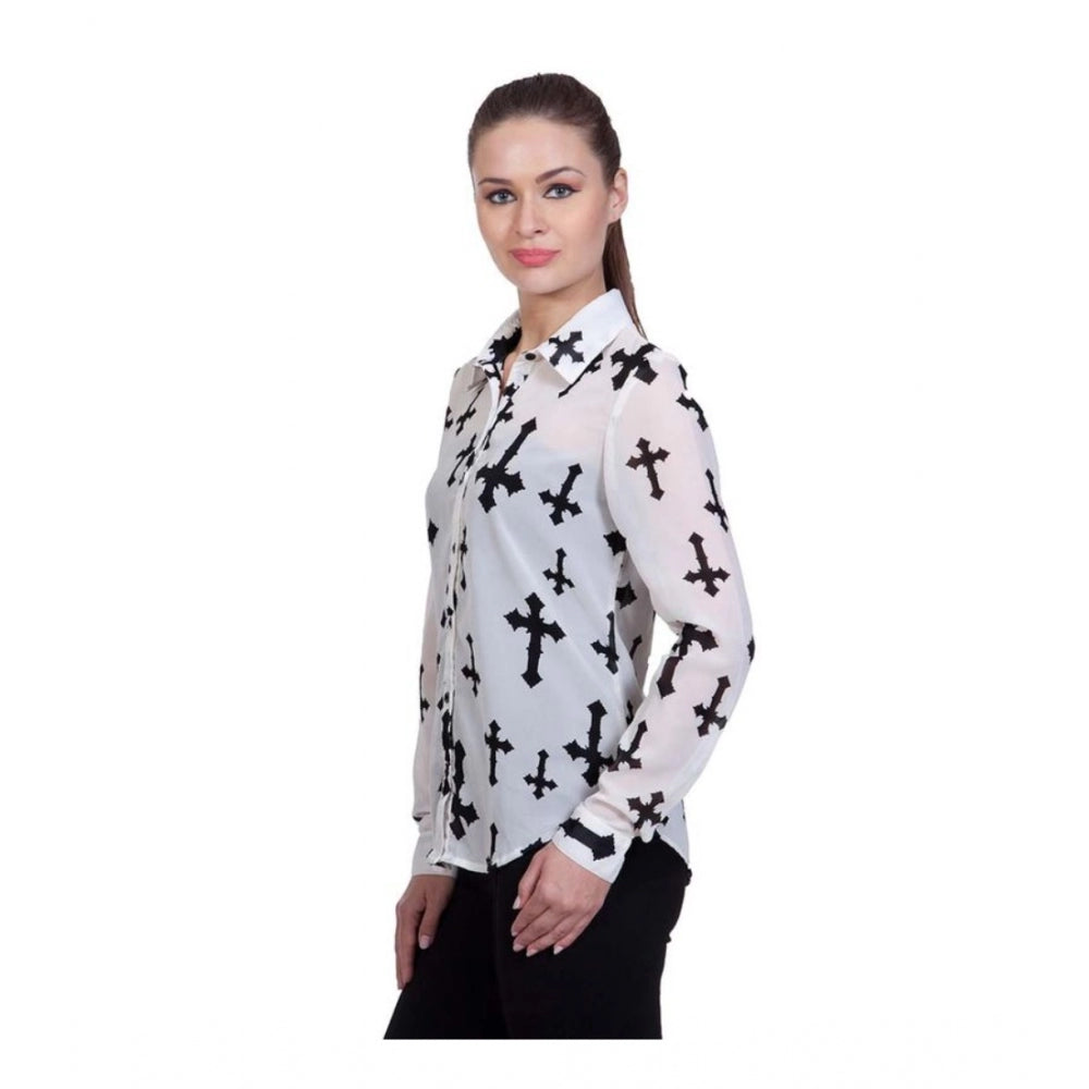 Snuggle Spot Women's Polyester Printed Long Sleeves Standard Length Shirt (White)