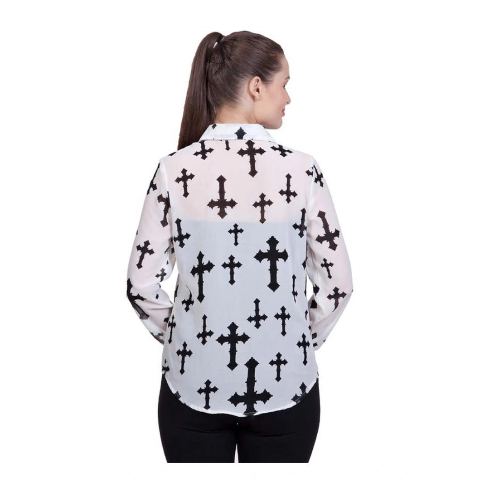 Snuggle Spot Women's Polyester Printed Long Sleeves Standard Length Shirt (White)