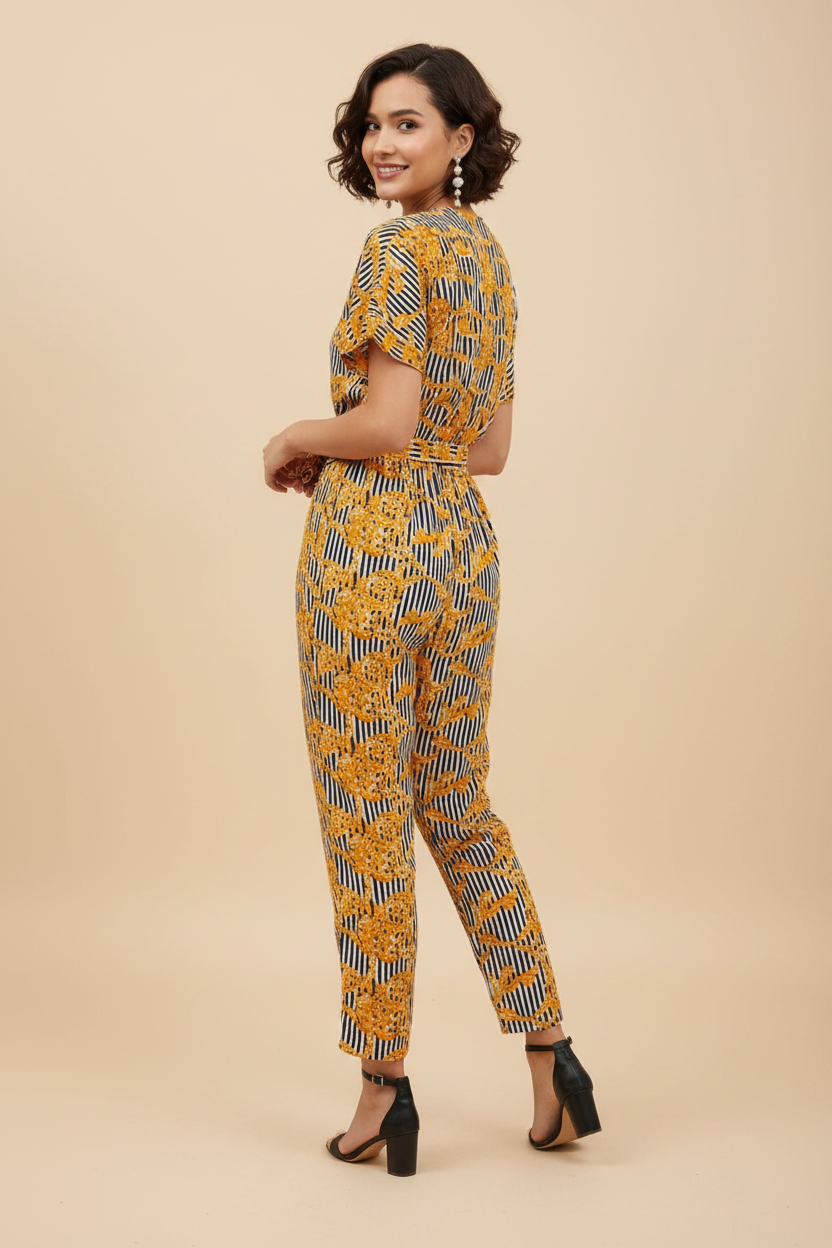 Snuggle Spot Women's Polyester Printed Half Sleeve Long Jumpsuit (Yellow)