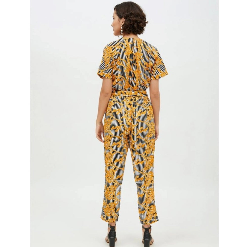 Snuggle Spot Women's Polyester Printed Half Sleeve Long Jumpsuit (Yellow)