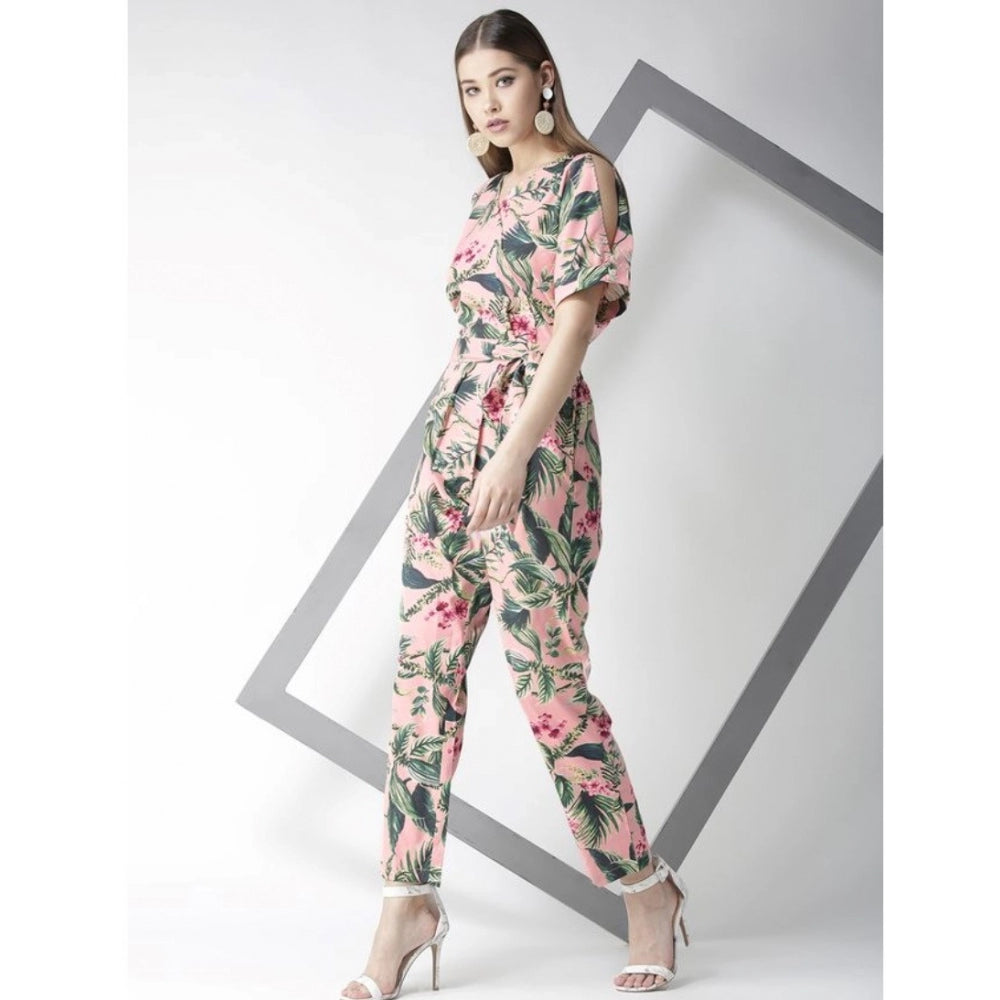 Snuggle Spot Women's Polyester Floral Half Sleeve Jumpsuit (Pink)