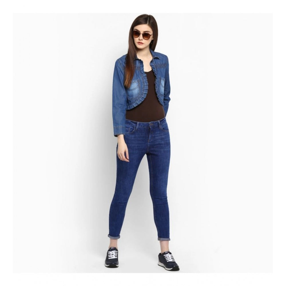 Snuggle Spot Women's Denim Pleated 3-4th Sleeves Shrug (Blue)