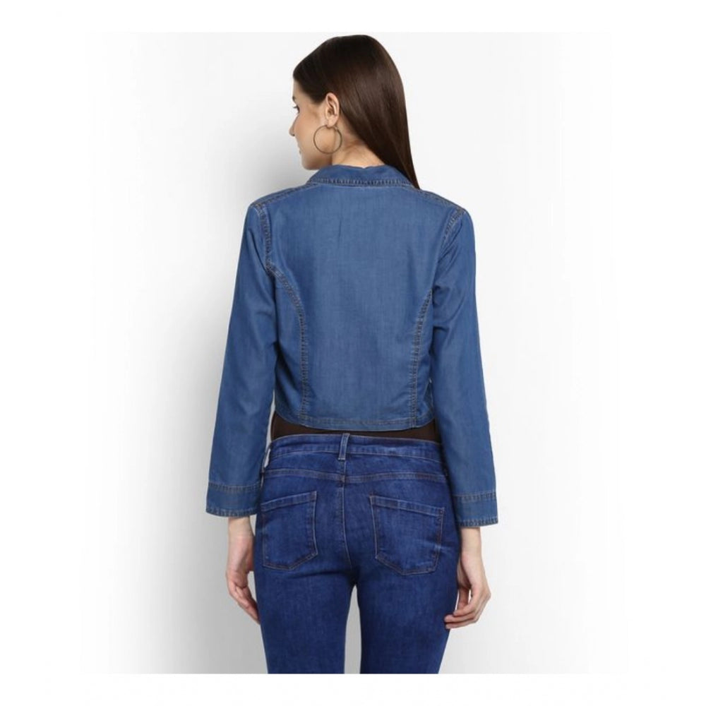 Snuggle Spot Women's Denim Solid 3-4th Sleeves Shrug (Blue)