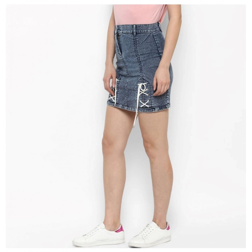 Snuggle Spot Women's Denim Tie Up Buttoned Skirt (Blue)