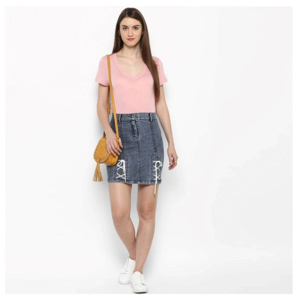 Snuggle Spot Women's Denim Tie Up Buttoned Skirt (Blue)