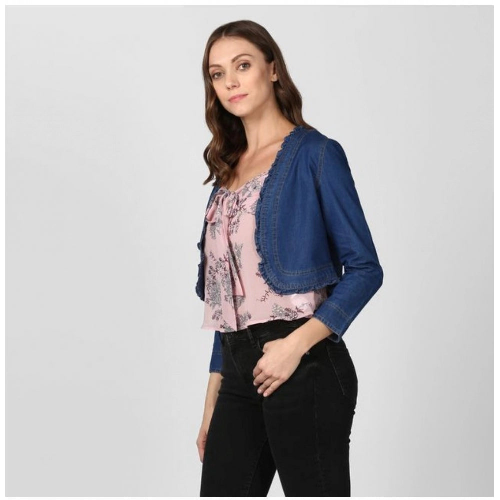 Snuggle Spot Women's Denim Ruffled Long Sleeves Shrug (Navy Blue)