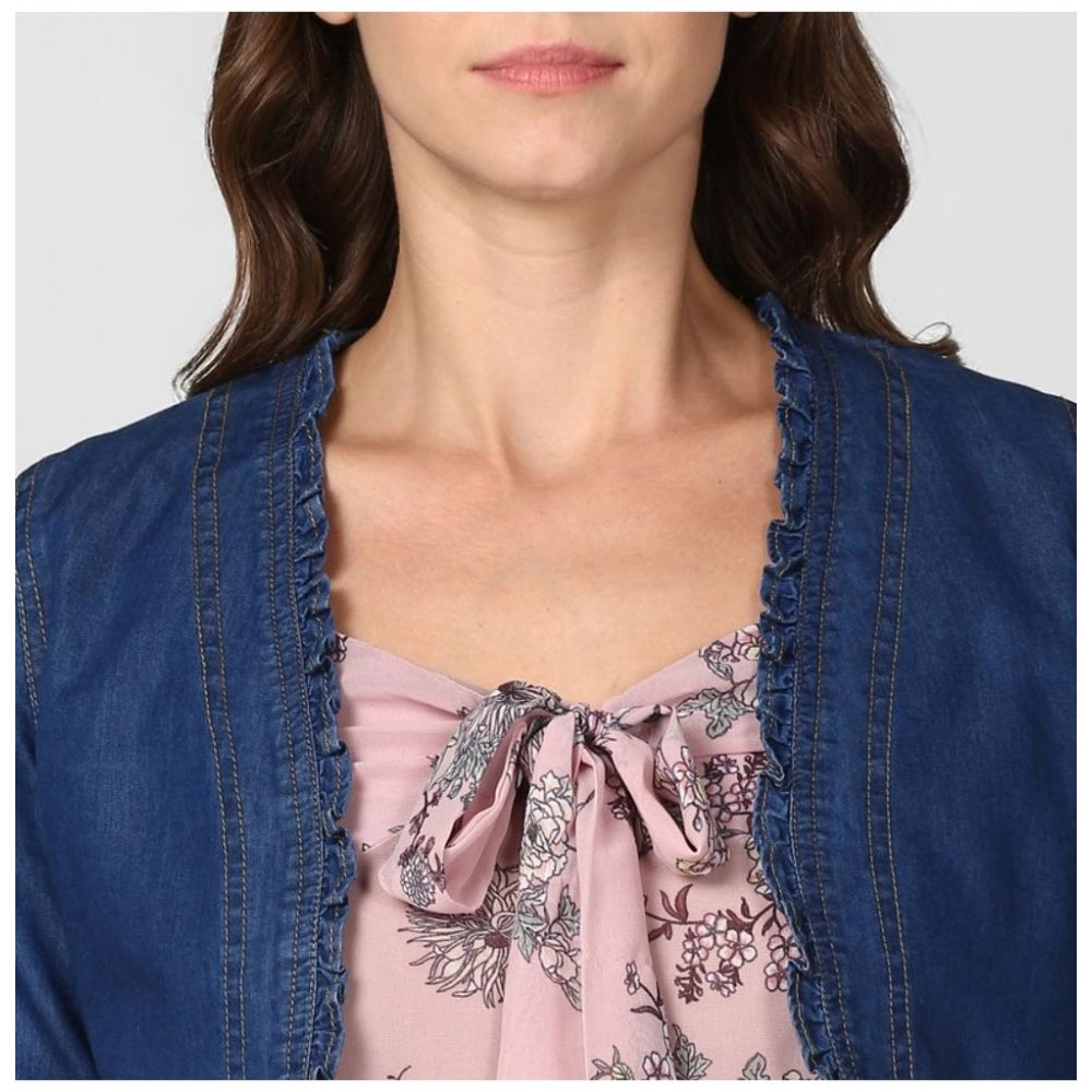 Snuggle Spot Women's Denim Ruffled Long Sleeves Shrug (Navy Blue)