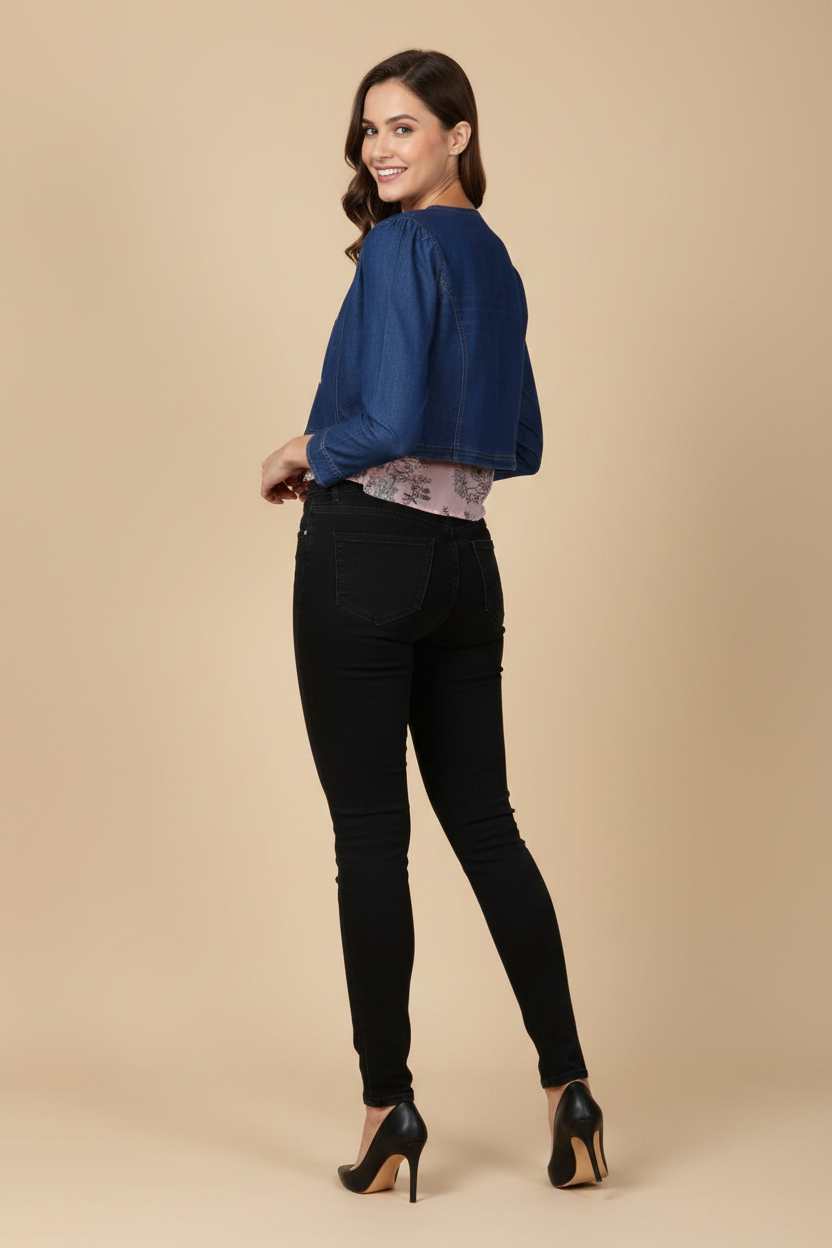 Snuggle Spot Women's Denim Ruffled Long Sleeves Shrug (Navy Blue)