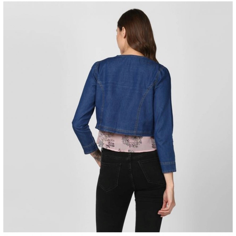 Snuggle Spot Women's Denim Ruffled Long Sleeves Shrug (Navy Blue)