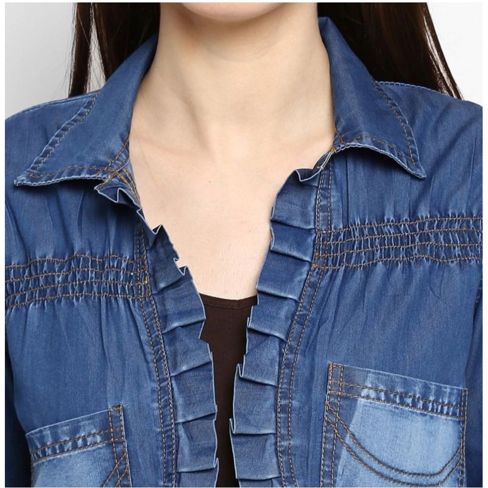 Snuggle Spot Women's Denim Pleated 3-4th Sleeves Shrug (Blue)