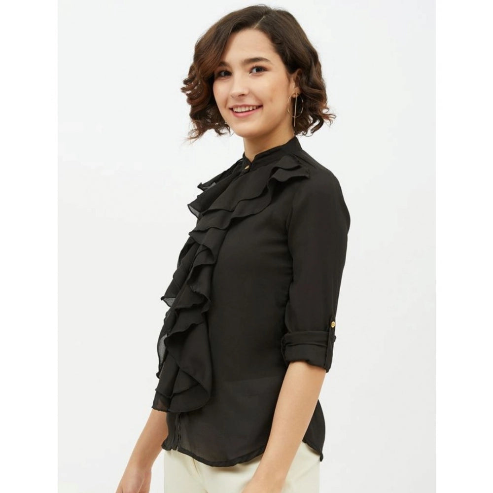 Snuggle Spot Women's Polyester Ruffled Long Sleeves Standard Length Shirt (Black)