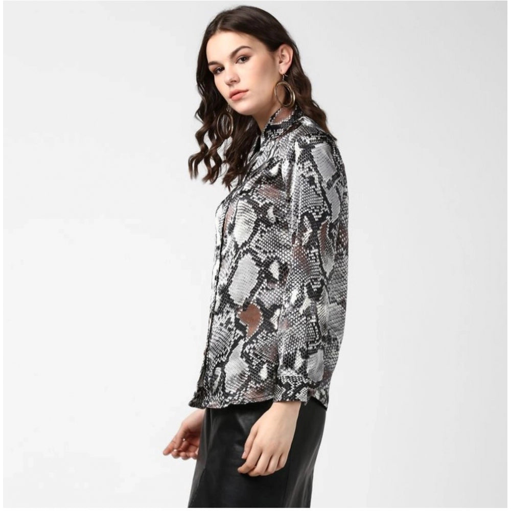 Snuggle Spot Women's Satin Animal Print Long Sleeves Standard Length Shirt (Black - Grey)