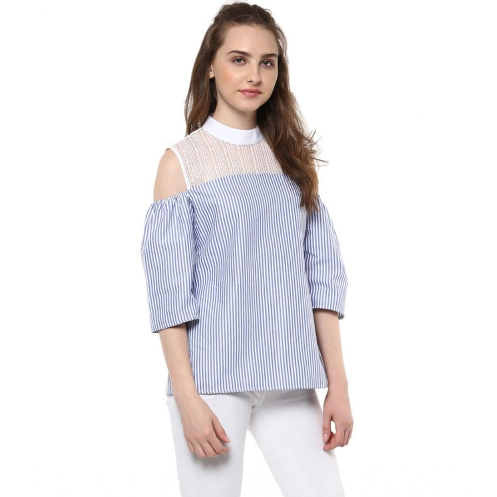 Snuggle Spot Women's Cotton Striped Cold Shoulder Top (Blue)