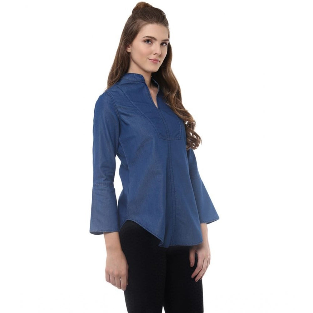 Snuggle Spot Women's Denim Solid Bell Sleeve Regular Top (Blue Denim)