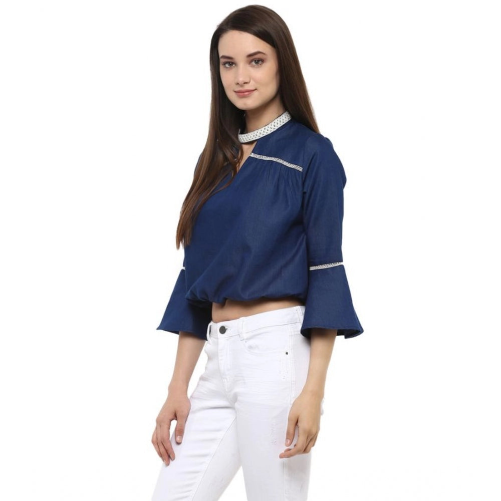 Snuggle Spot Women's Polyester Solid Bell Sleeve Regular Top (Blue)