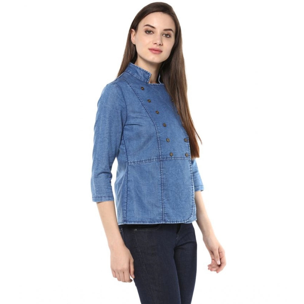 Snuggle Spot Women's Denim Solid 3-4th Sleeves Regular Top (Blue)