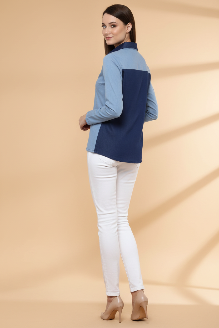 Snuggle Spot Women's Denim Patch Work Long Sleeves Regular Top (Blue)
