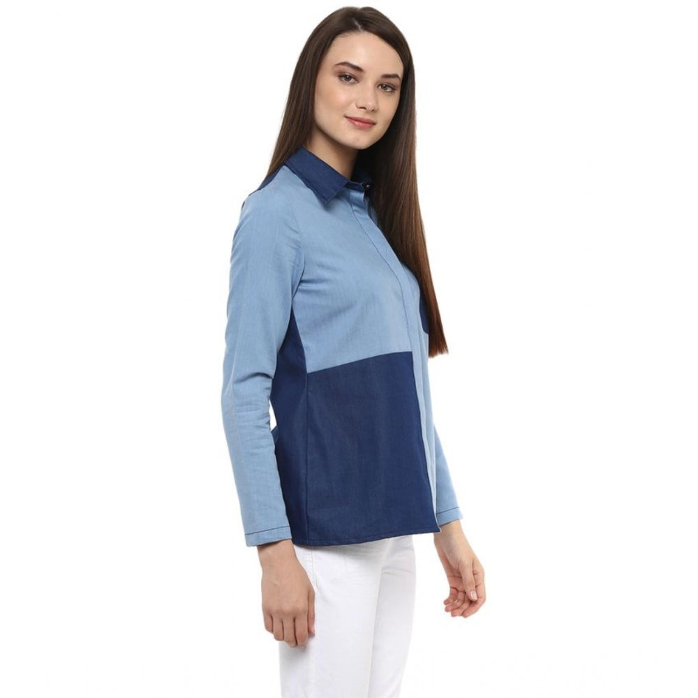 Snuggle Spot Women's Denim Patch Work Long Sleeves Regular Top (Blue)