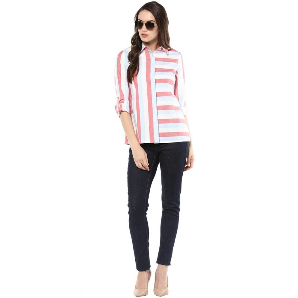Snuggle Spot Women's Cotton Striped Roll Up Sleeve Regular Top (Red)