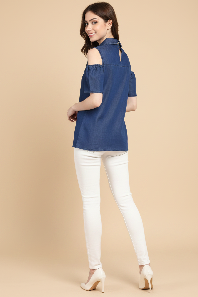 Snuggle Spot Women's Denim Solid Cold Shoulder Regular Top (Blue)