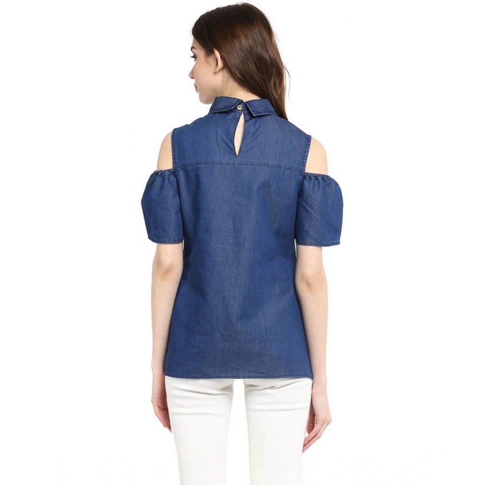 Snuggle Spot Women's Denim Solid Cold Shoulder Regular Top (Blue)