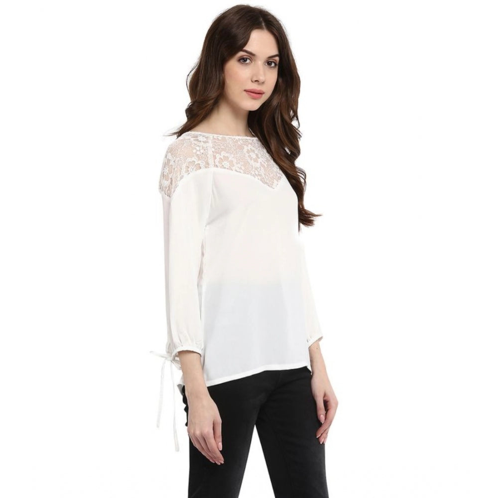 Snuggle Spot Women's Polyester Georgette Self Design 3-4th Sleeves Regular Top (White)