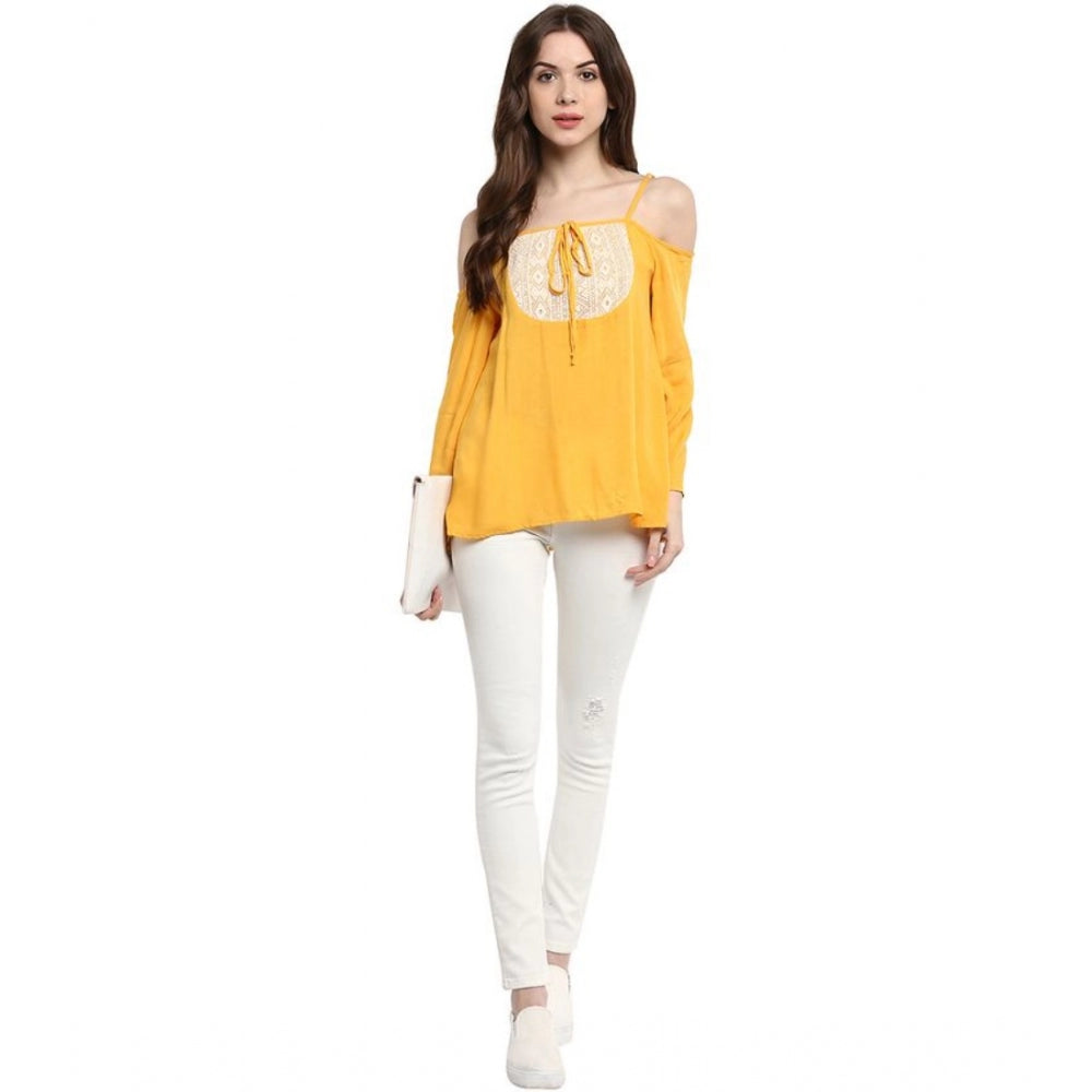 Snuggle Spot Women's Rayon Embellished Cold Shoulder Regular Top (Mustard Yellow)