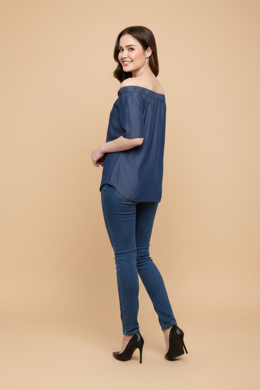 Snuggle Spot Women's Denim Solid Short Sleeve Regular Top (Blue)