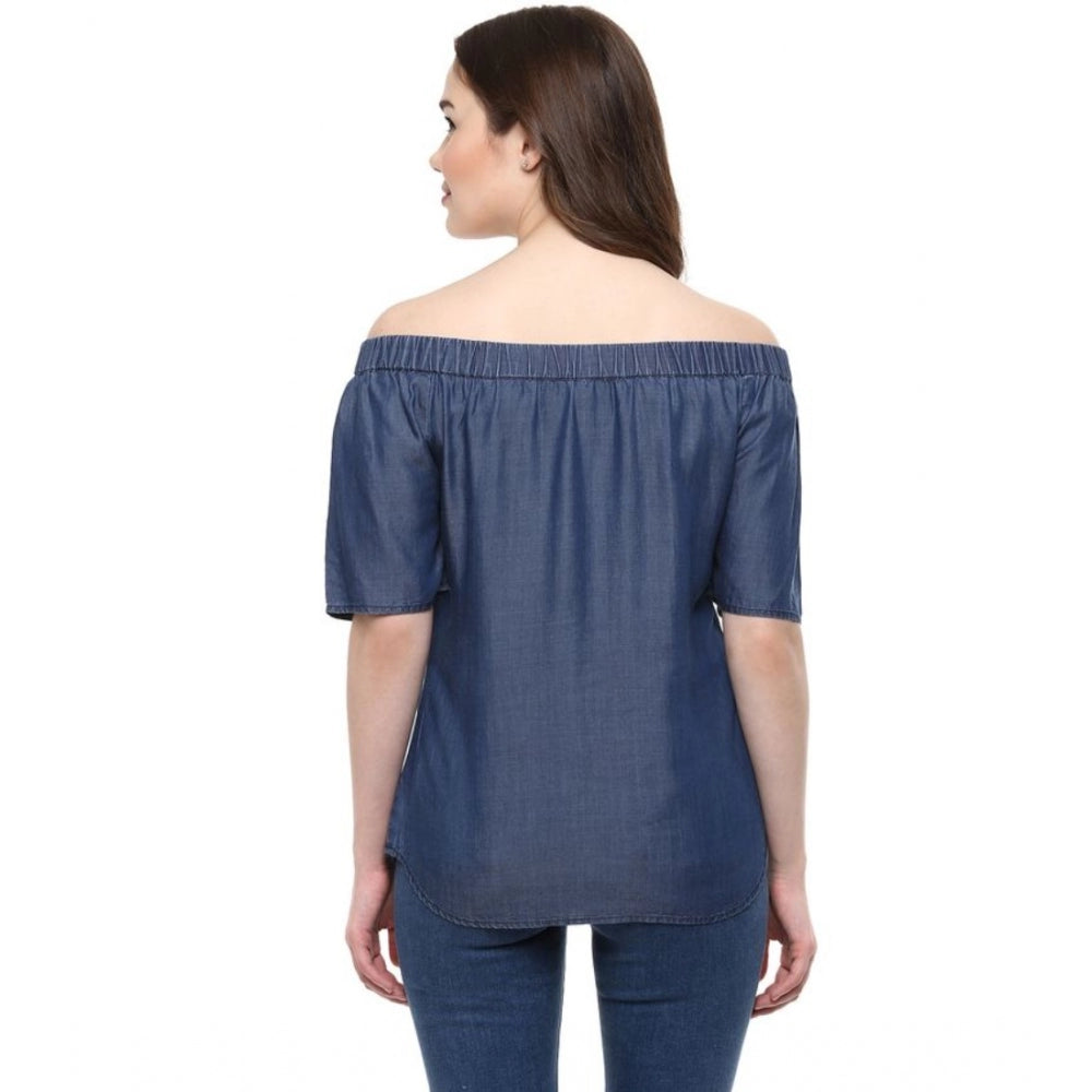 Snuggle Spot Women's Denim Solid Short Sleeve Regular Top (Blue)