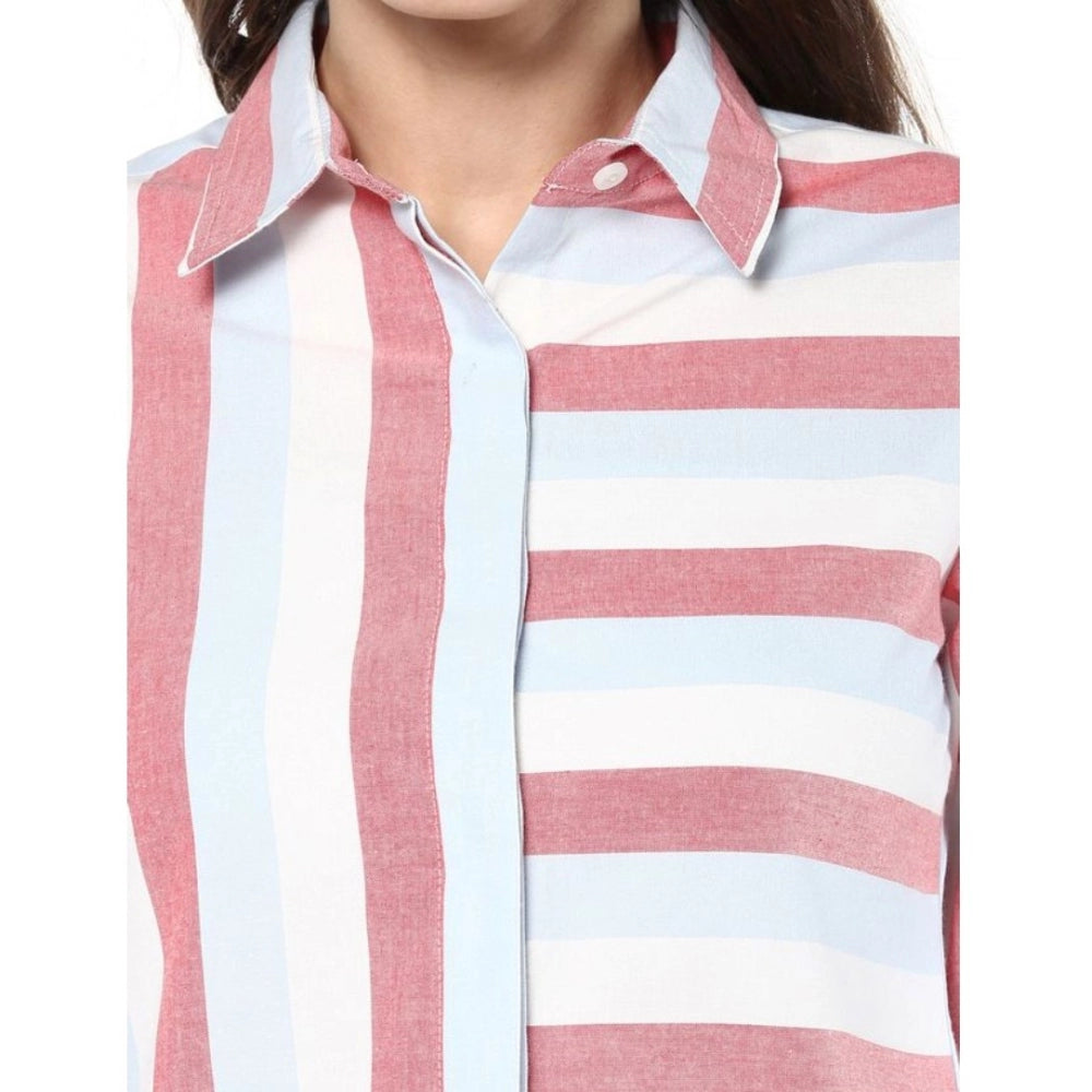 Snuggle Spot Women's Cotton Striped Roll Up Sleeve Regular Top (Red)