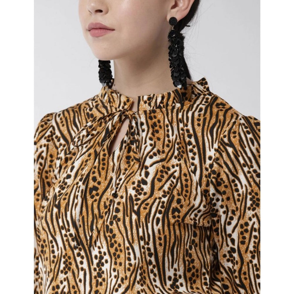 Snuggle Spot Women's Polyester Printed Bell Sleeve Top (Orange - Black)