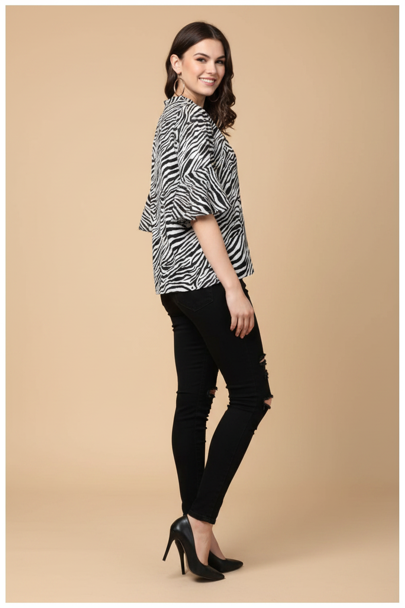 Snuggle Spot Women's Polyester Animal Print Bell Sleeve Top (Black - White)