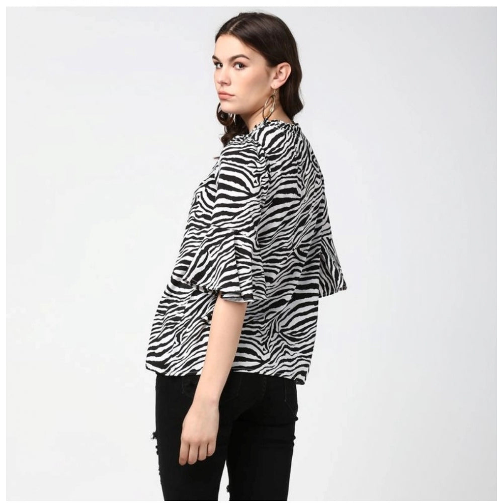 Snuggle Spot Women's Polyester Animal Print Bell Sleeve Top (Black - White)