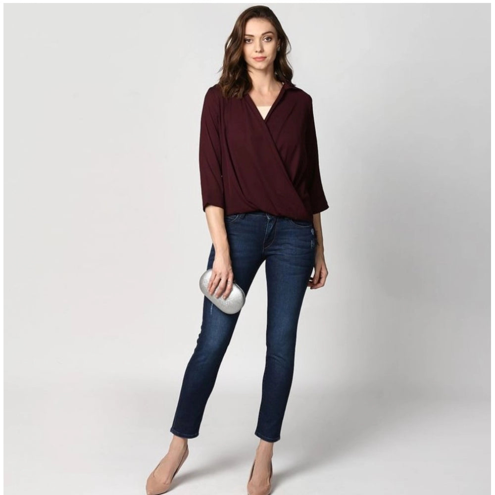 Snuggle Spot Women's Polyester Solid 3-4th Sleeves Top (Maroon)