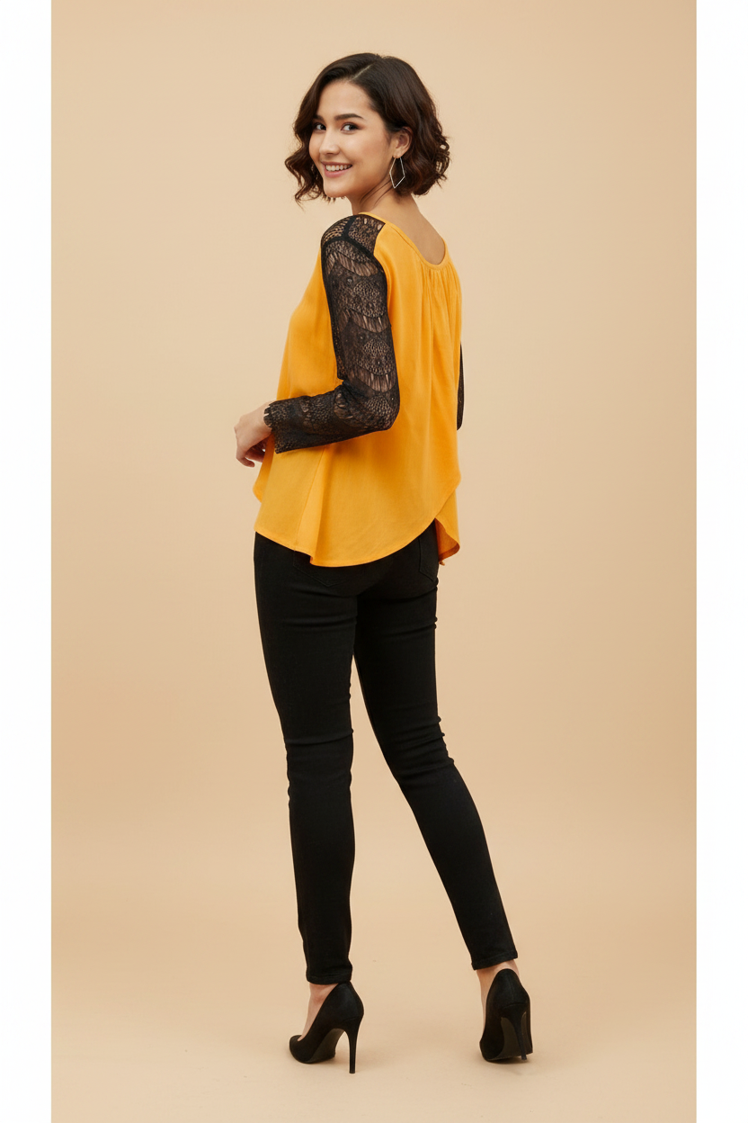 Snuggle Spot Women's Rayon Lace Inserts Long Sleeves Top (Yellow)