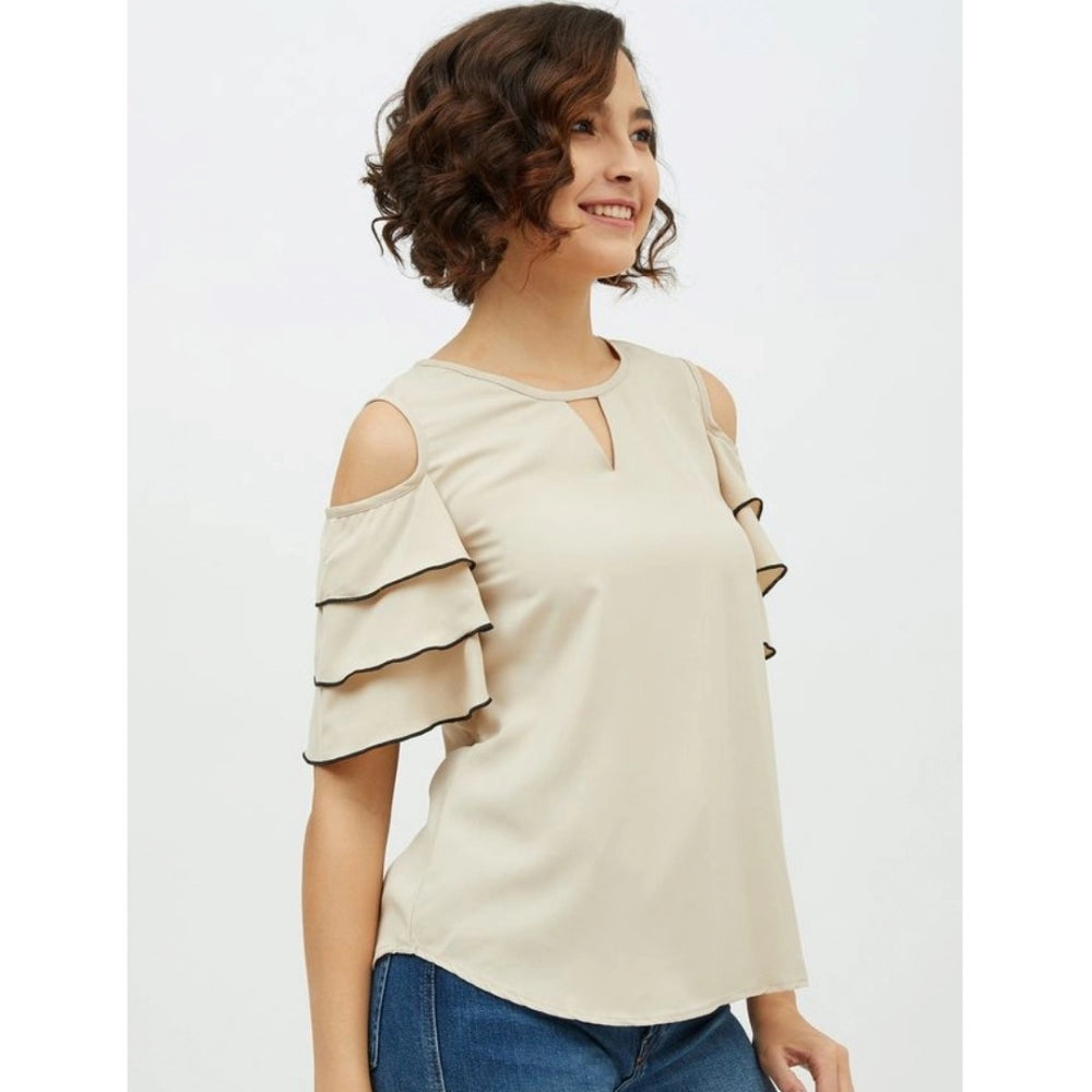 Snuggle Spot Women's Polyester Tiered Cold Shoulder Top (Beige)