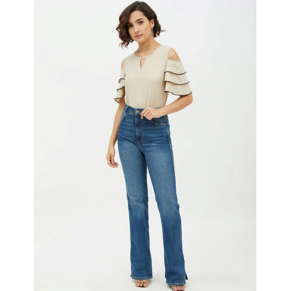 Snuggle Spot Women's Polyester Tiered Cold Shoulder Top (Beige)