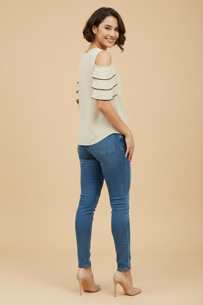 Snuggle Spot Women's Polyester Tiered Cold Shoulder Top (Beige)