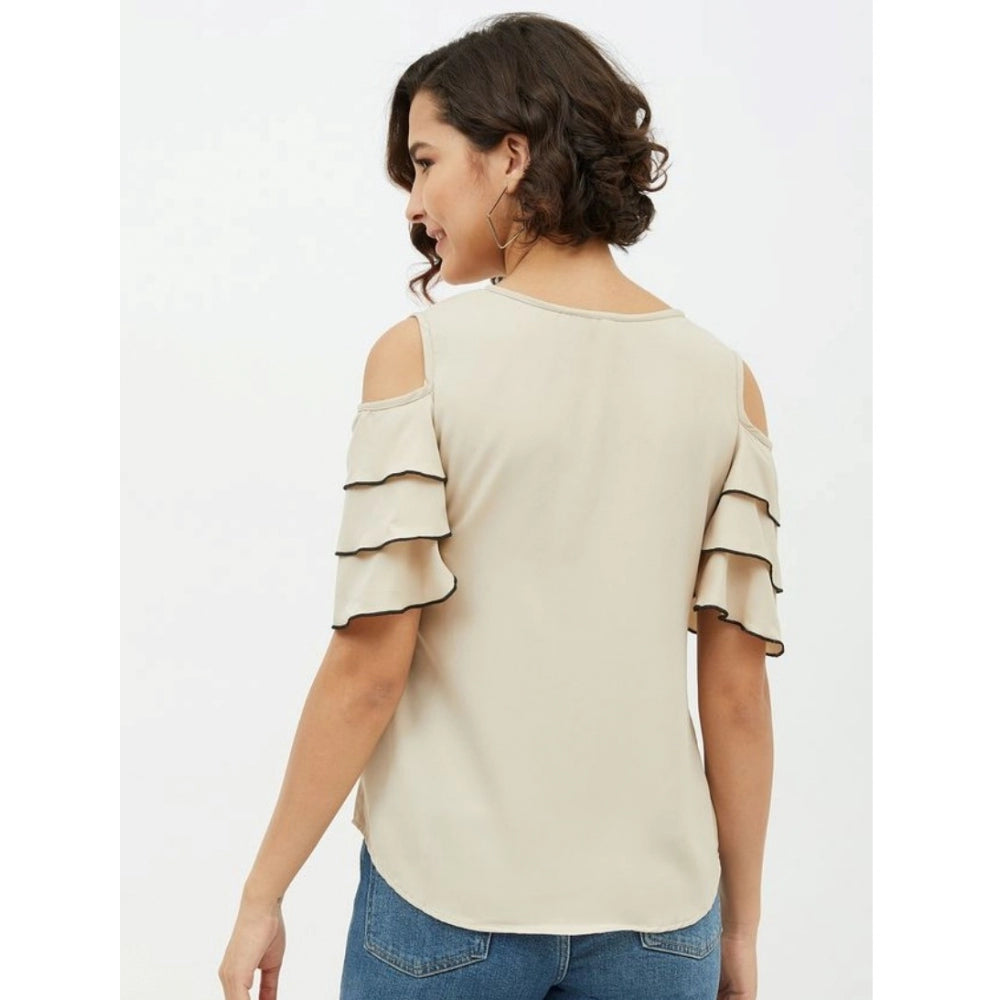 Snuggle Spot Women's Polyester Tiered Cold Shoulder Top (Beige)