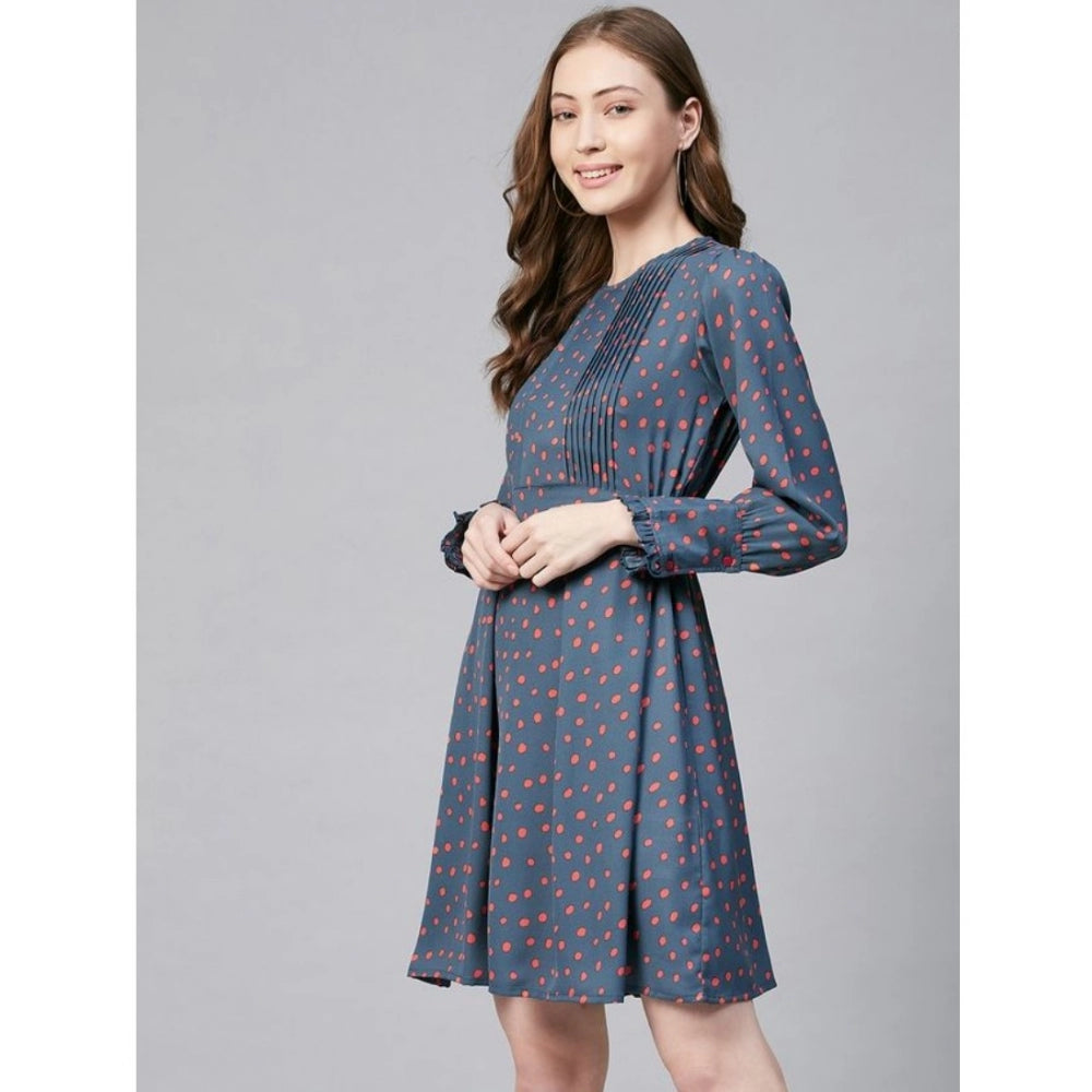 Snuggle Spot Women's Polyester Polka Long Sleeves Above Knee Dress (Grey - Coral)