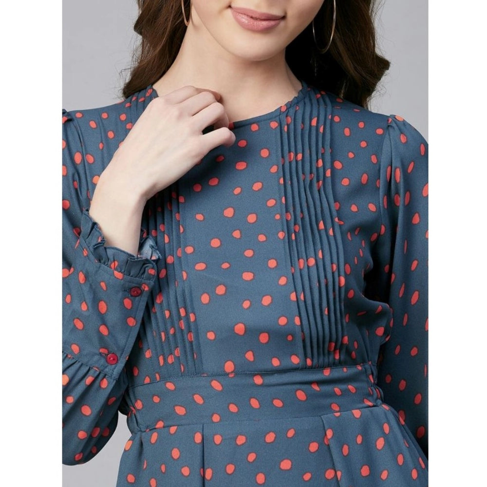Snuggle Spot Women's Polyester Polka Long Sleeves Above Knee Dress (Grey - Coral)