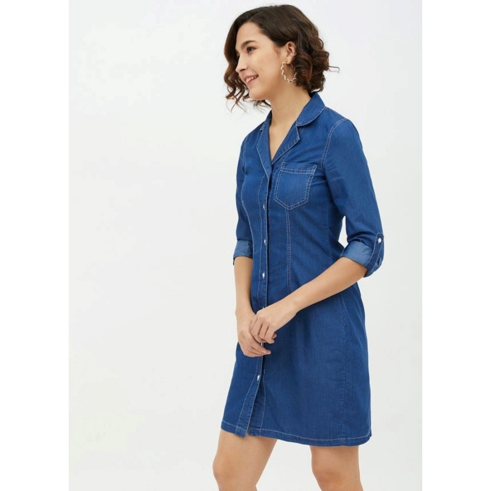 Snuggle Spot Women's Denim Solid Long Sleeves Above Knee Dress (Blue)