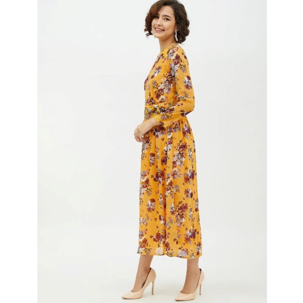 Snuggle Spot Women's Polyester Floral Long Sleeves Calf-length Dress (Multicolor)