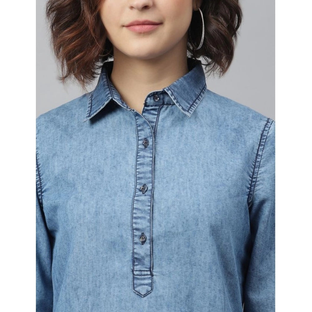 Snuggle Spot Women's Denim Solid Long Sleeves Above Knee Dress (Ice Blue)