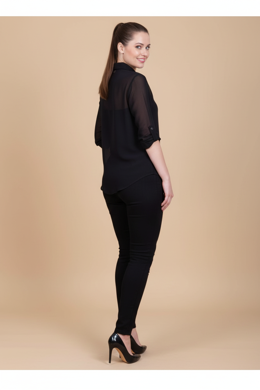 Snuggle Spot Women's Polyester Printed Roll Up Sleeve Standard Length Shirt (Black)