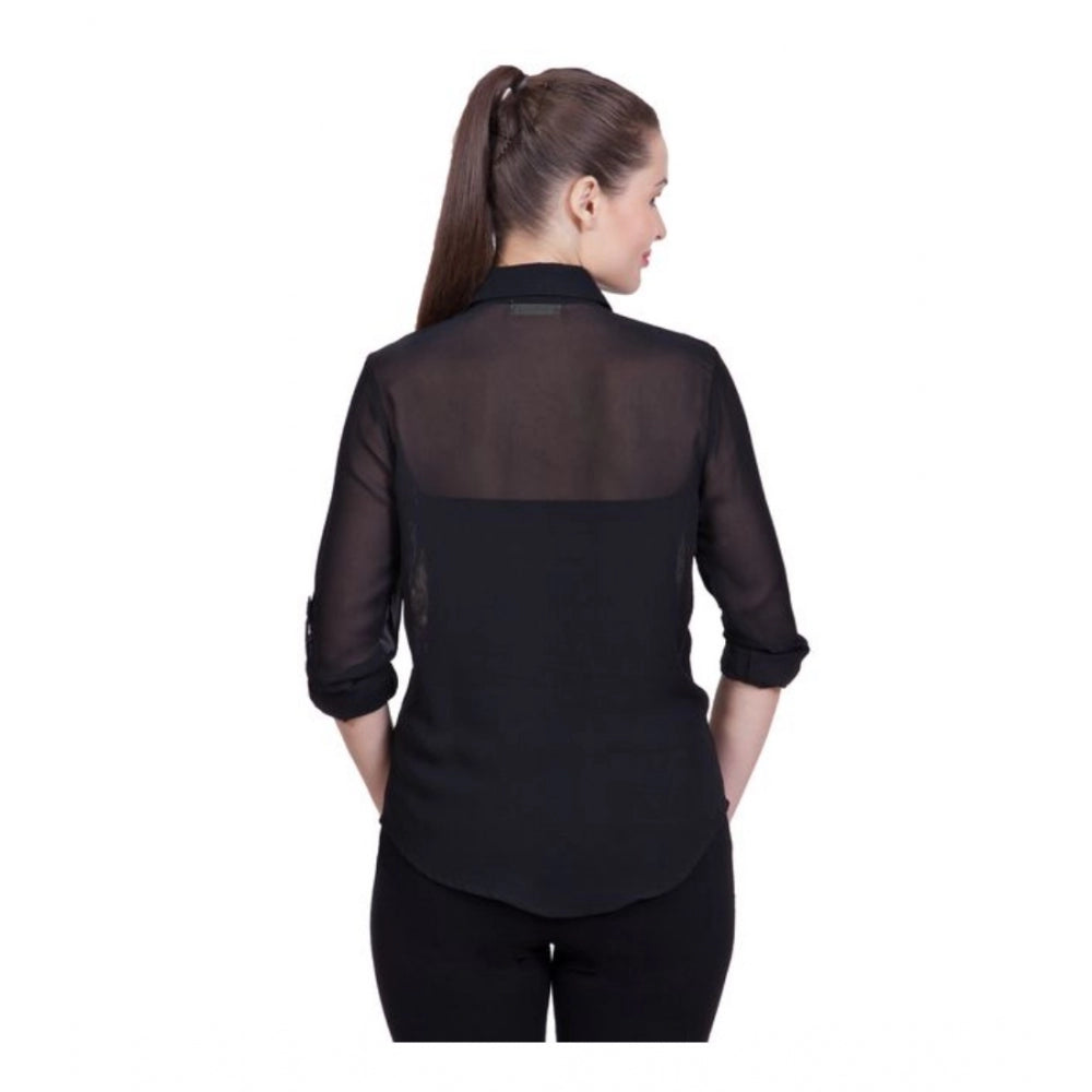 Snuggle Spot Women's Polyester Printed Roll Up Sleeve Standard Length Shirt (Black)