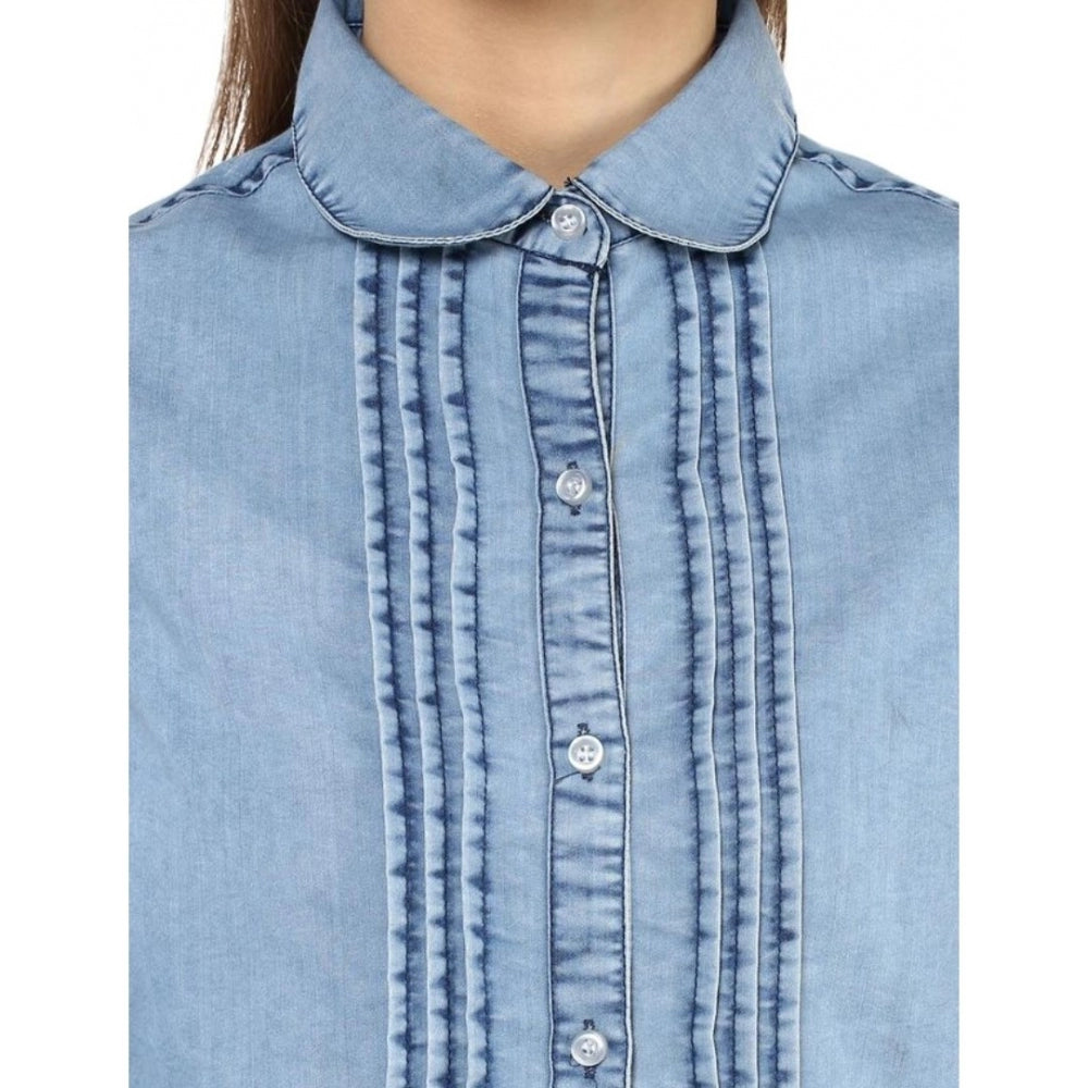 Snuggle Spot Women's Denim Solid 3-4th Sleeves Standard Length Shirt (Blue)
