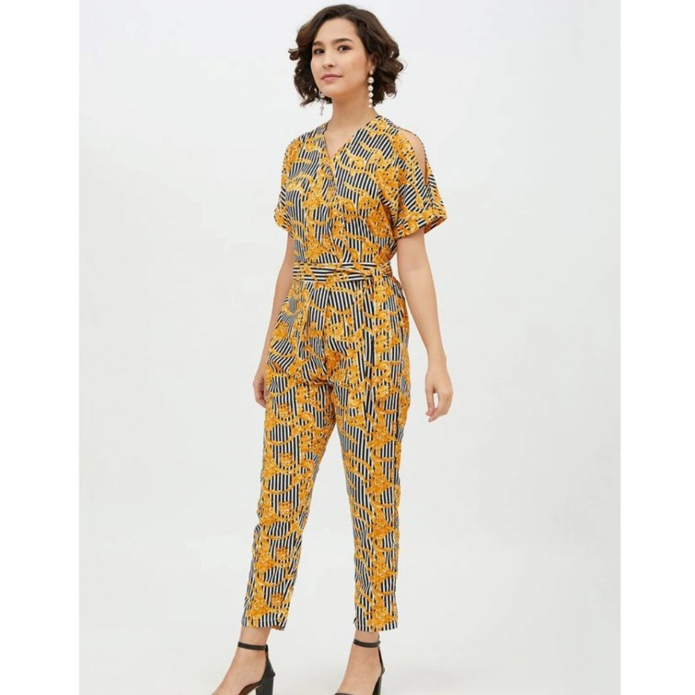 Snuggle Spot Women's Polyester Printed Half Sleeve Long Jumpsuit (Yellow)